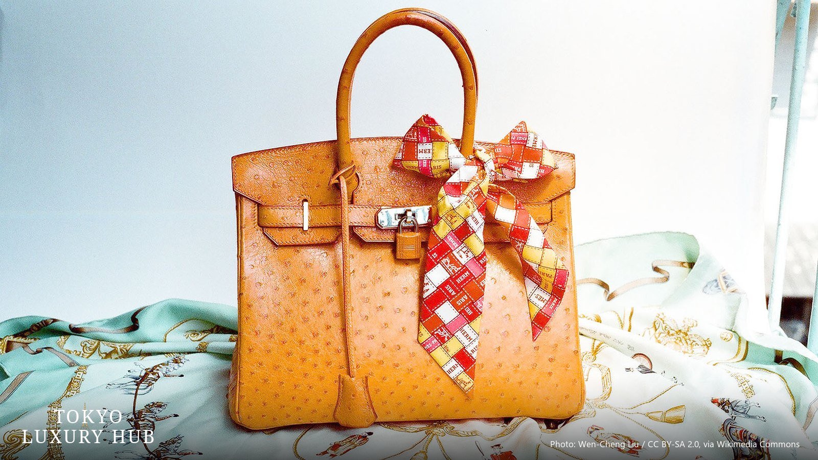 Hermes Birkin bag in ostrich leather with a silk scarf